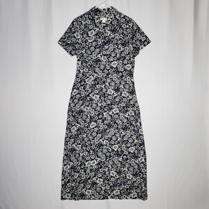 Christopher Banks Full Button Midi Linen Dress 8 Blue Floral Short Slv Old Money